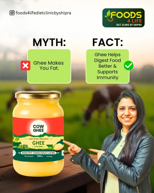 Still afraid that ghee makes you fat? Aisa nahi hai. This myth-buster graphic, featuring me, explains that ghee actually helps digest food better and supports immunity.