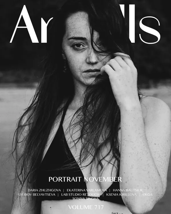 My work featured on the cover of Artells Magazine for their Portrait November issue. This black and white beach portrait was selected for its raw emotion and striking composition.