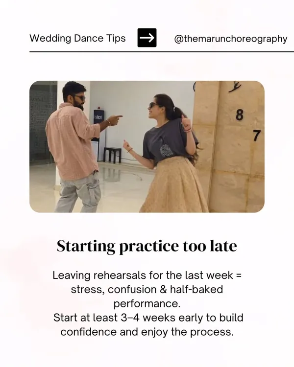 One of the most common wedding dance mistakes is starting practice too late. We recommend starting at least 3-4 weeks early to build confidence and truly enjoy the process without stress.