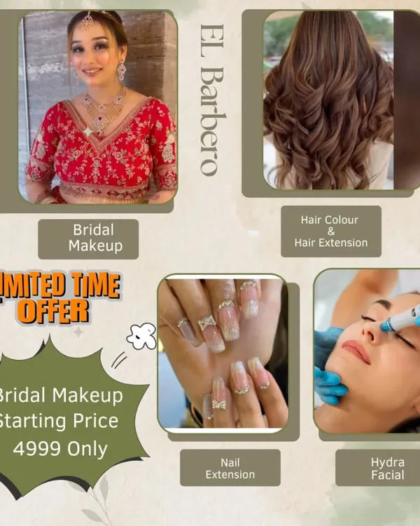 Check out our limited-time offer. We are offering bridal makeup starting at just 4999, along with great prices on hair extensions, nail extensions, and hydra facials.