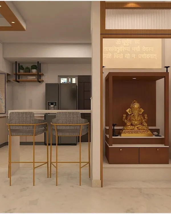 This elegant pooja unit is neatly tucked into an alcove, featuring a traditional wooden mandir with storage. A fluted glass partition provides privacy while adding a modern design element.