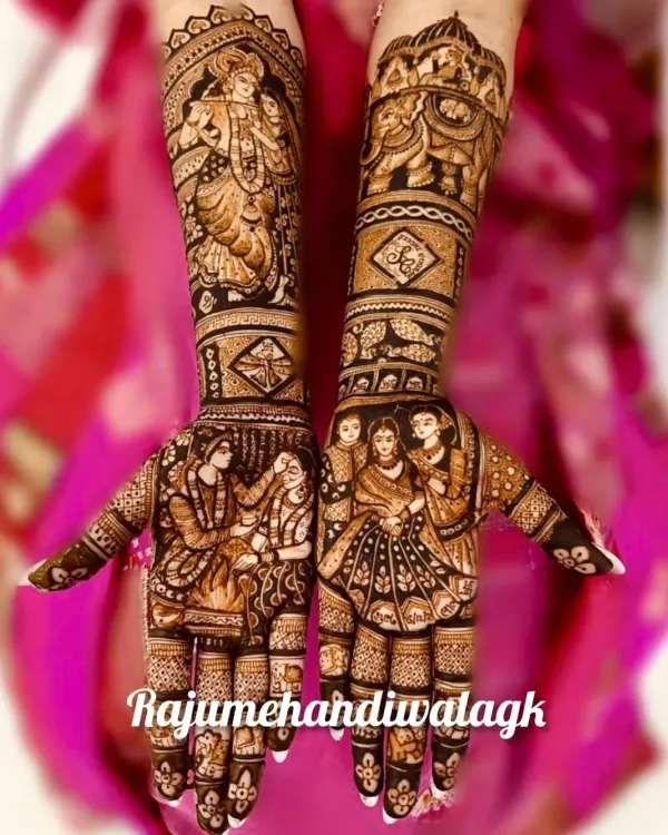 This is the kind of work I love, where the mehendi tells a complete story. On one arm, I drew Lord Krishna, and on the other, an elephant, with both palms showing different wedding rituals and family portraits. It’s a full bridal design that carries blessings and memories.