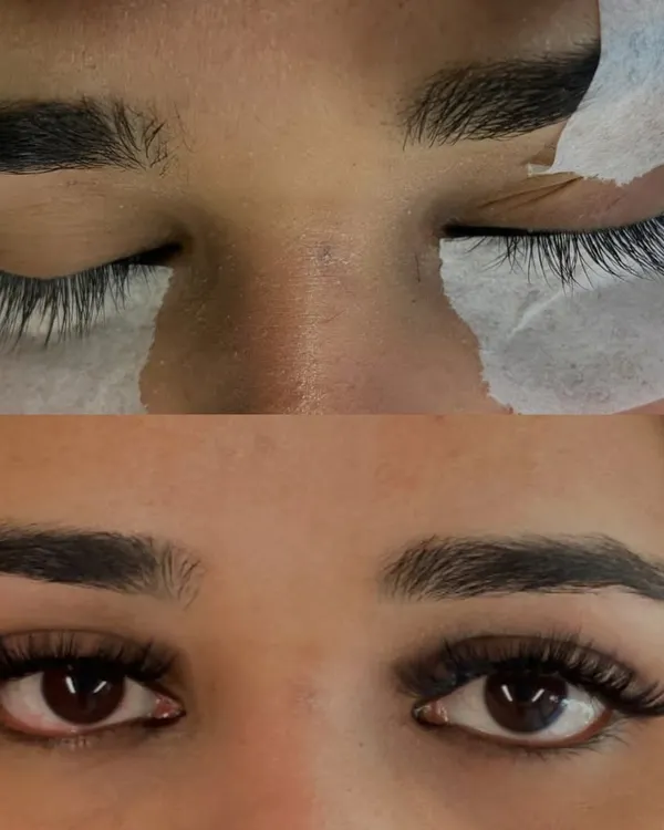 See the difference for yourself. This before and after shows how custom eyelash extensions can completely transform your look, making your eyes appear brighter and more defined without a drop of mascara.