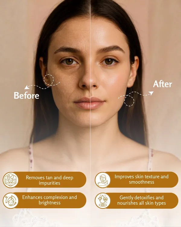 This before-and-after shows the effectiveness of my Ayurvedic Face Pack for tan removal and improving skin texture. The pack uses ingredients like Multani Mitti to draw out impurities and Aloe Vera to soothe and hydrate. It gently detoxifies the skin, enhancing complexion and restoring a smooth, bright appearance.