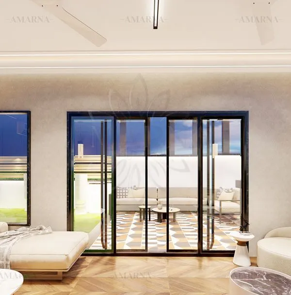 This 3D render shows our vision for a terrace lounge in East Punjabi Bagh. The design features large, floor-to-ceiling sliding glass doors that completely open up to connect the interior living space with the outdoor terrace.