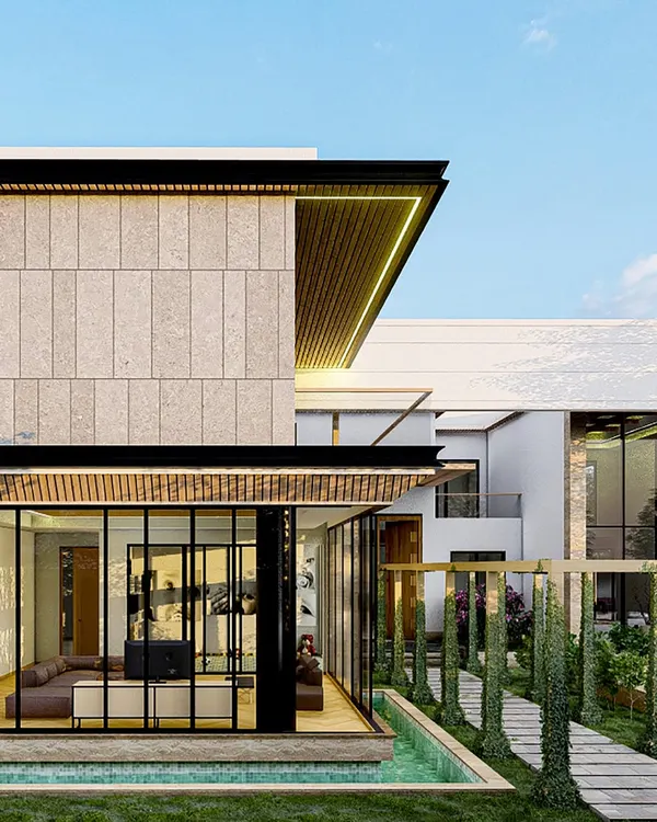 A seamless blend of stone, glass, and wood, designed to let the outdoors in and the indoors shine. This space is defined by intentional geometry, refined materials, and the interplay of light and shadow.