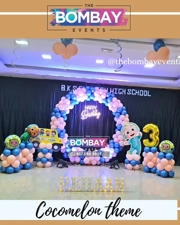 This Cocomelon theme is one of my most requested for a reason! It features a full circular balloon arch, light-up letters for the name, a number '3' balloon, and of course, cutouts of JJ and his friends.
