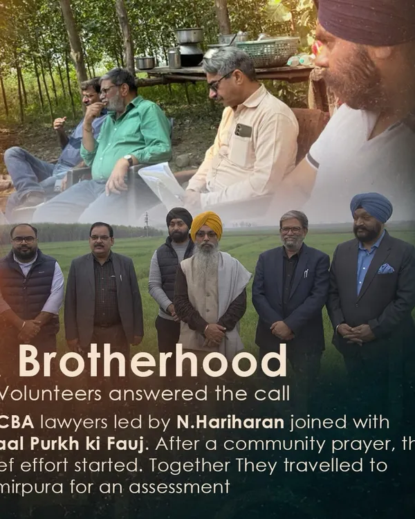 This collage shows the brotherhood of volunteers that answered the call to help Kamirpura. DHCBA lawyers, led by me, joined Akaal Purkh ki Fauj. After a community prayer, we travelled to the village to assess the damage and begin the relief effort together.