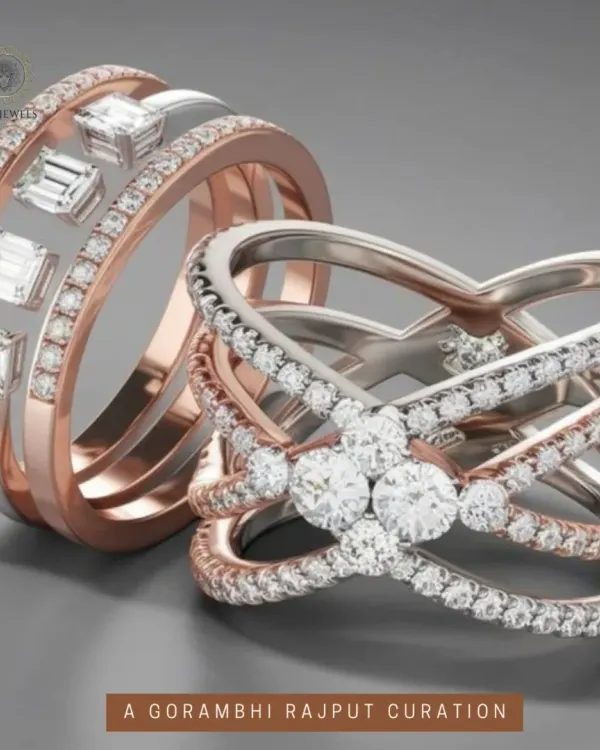 This image showcases the artistry possible with redesign. On the left, a bold band with channel-set baguette diamonds in rose and white gold. On the right, an intricate crossover design with brilliant-cut diamonds. Both were created to reflect unique personal styles.