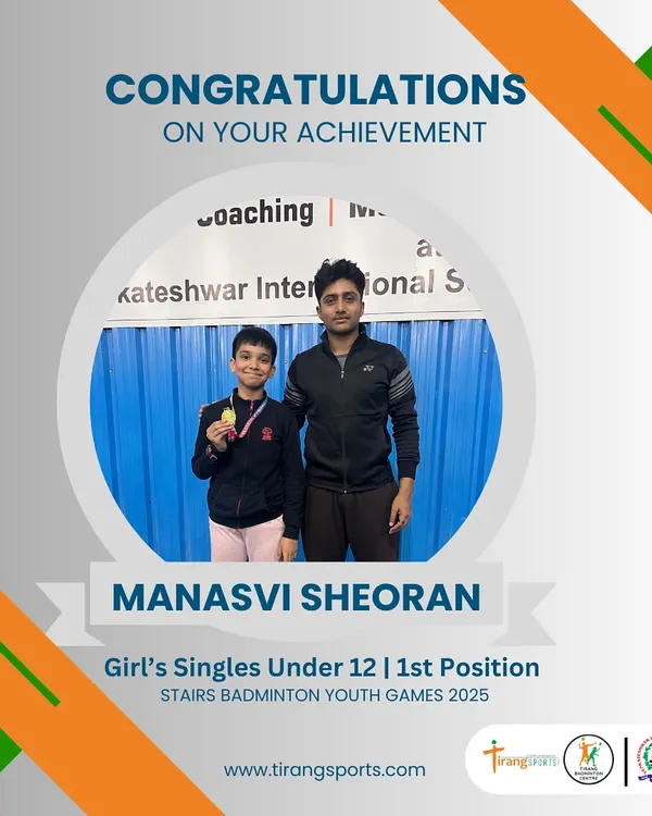 Huge congratulations to our student Manasvi Sheoran for securing the first position in the Girls' Singles Under 12 category at the STAIRS Badminton Youth Games. We are incredibly proud of her achievement.