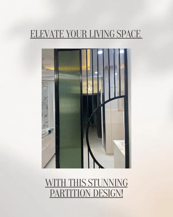 Elevate your living space with a stunning partition. This design uses a combination of fluted glass and black metal slats to create a stylish separation without closing off the room.