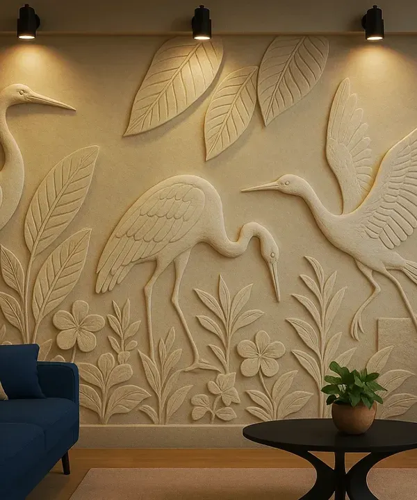 This bespoke 3D wall mural, featuring elegant herons in a natural stone texture, transforms a living area into a serene sanctuary. It's a prime example of our ability to create art that tells a story right on your walls.