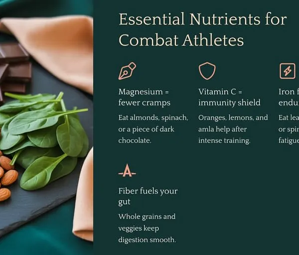 To perform like a combat athlete, you need to eat like one. This includes essential nutrients like magnesium to prevent cramps, Vitamin C for immunity, and iron for endurance.