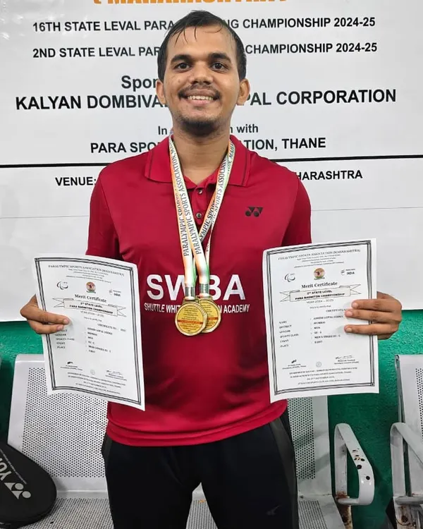 Inspiration in action. We are incredibly proud of our coach, Ashish, showcasing his double gold medal win at the Maharashtra State Para Badminton Championship. His victory fuels our entire academy.
