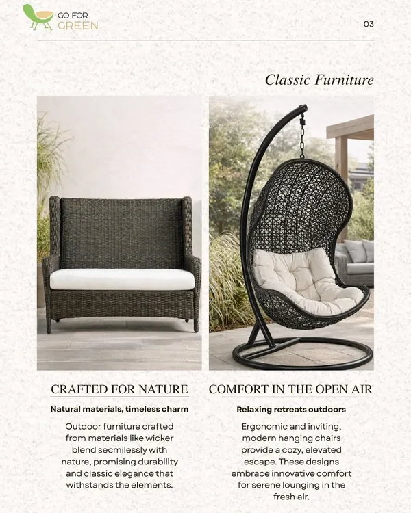 This image showcases two of our classic relaxation pieces: a high-back wicker loveseat and a modern hanging egg chair. Both are crafted for comfort in the open air, providing a cozy and elevated escape.