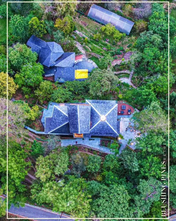 An aerial perspective of our Blushing Pines Retreat in Bhowali, showing how the multi-level structures are nestled into the hillside to maximize views and minimize environmental impact.