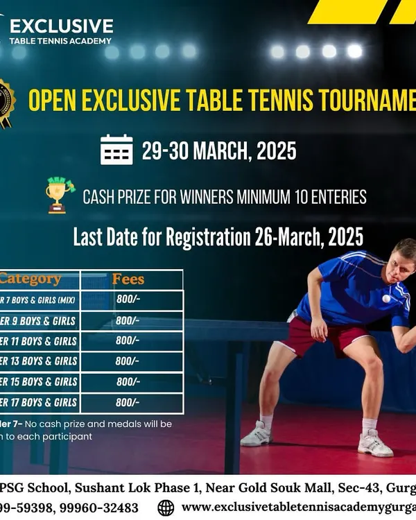 This poster for our Open Exclusive Table Tennis Tournament gives you all the key details at a glance. We have categories for boys and girls from Under 7 to Under 17, with cash prizes for winners and medals for our youngest participants.