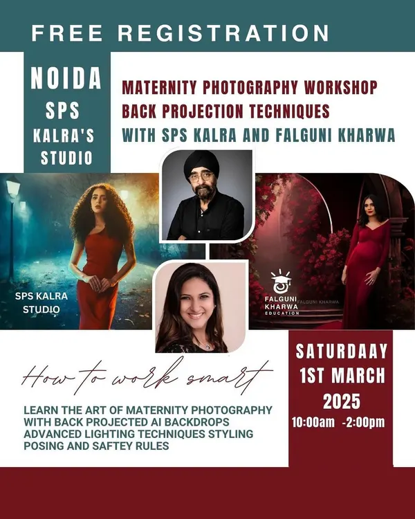 We collaborate with experts like Falguni Kharwa for specialized workshops. This session focused on maternity photography using back-projected AI backdrops, covering advanced lighting, styling, and safety rules.
