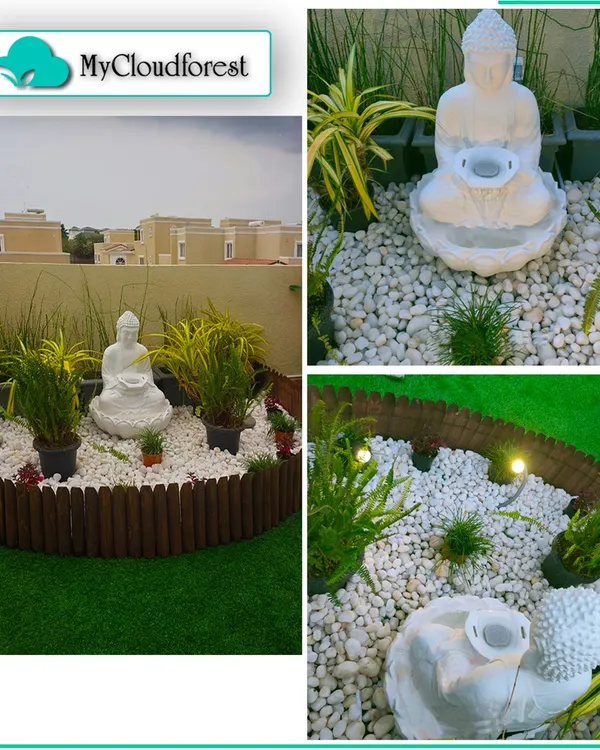 This collage showcases a Zen garden I created for a client's terrace. Using white pebbles, a Buddha water fountain, and minimalist planting, I designed a dedicated space for quiet contemplation and peace.