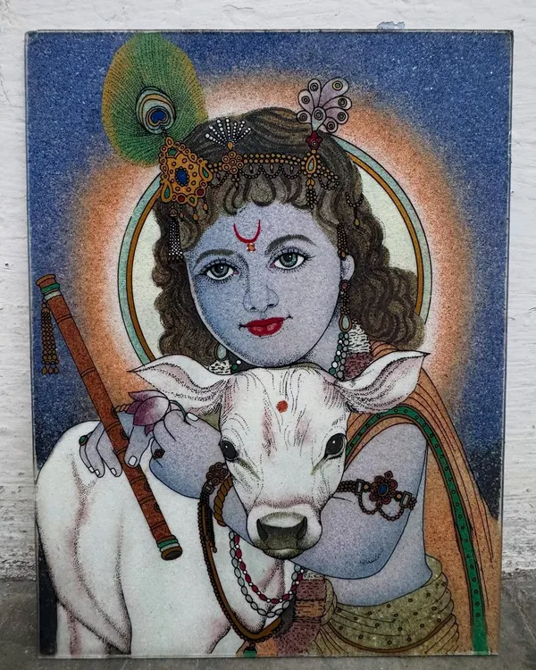 This painting captures the gentle spirit of Lord Krishna in his youth, sharing a quiet moment with a calf. I used a palette of carefully selected gemstones to give his form a divine glow and to highlight the pure, compassionate bond he shares with all living beings.