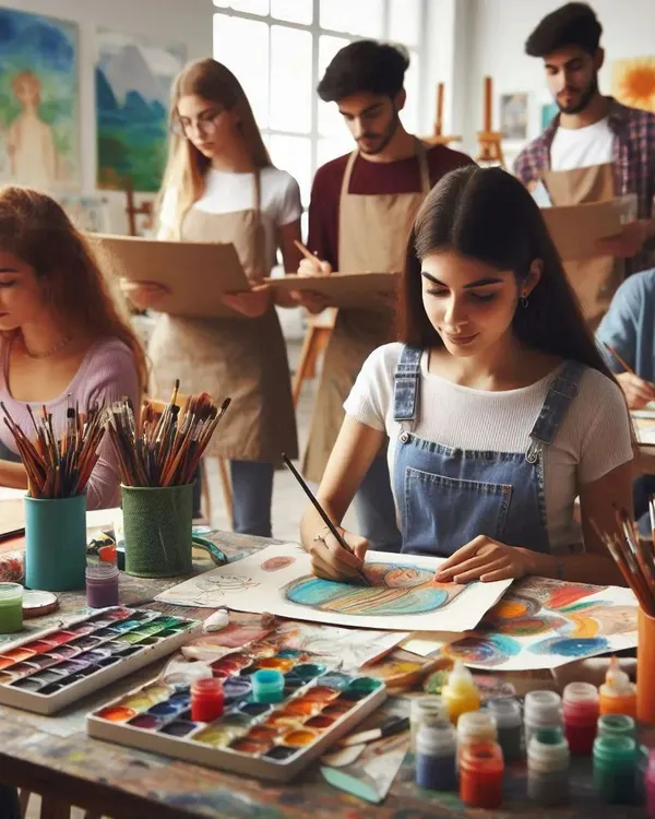 A snapshot of a busy art class at our studio, filled with students engaged in their creative projects.