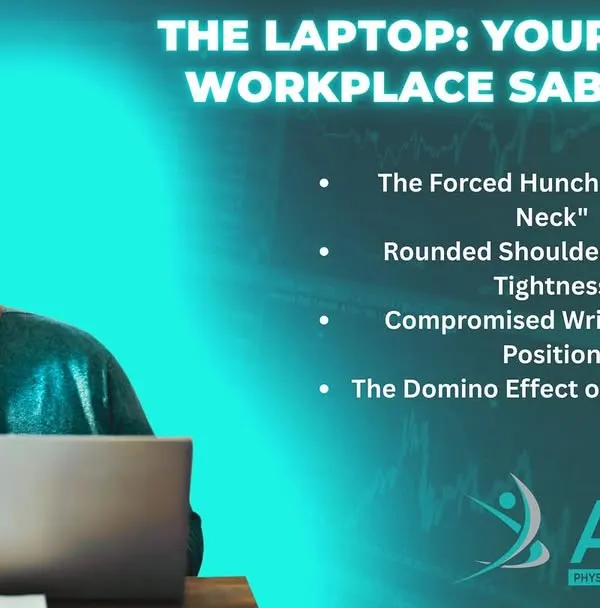 Your laptop can be a silent workplace saboteur. This graphic explains how poor ergonomics lead to "laptop neck," rounded shoulders, and spine issues. We provide targeted physiotherapy to correct these postural problems.
