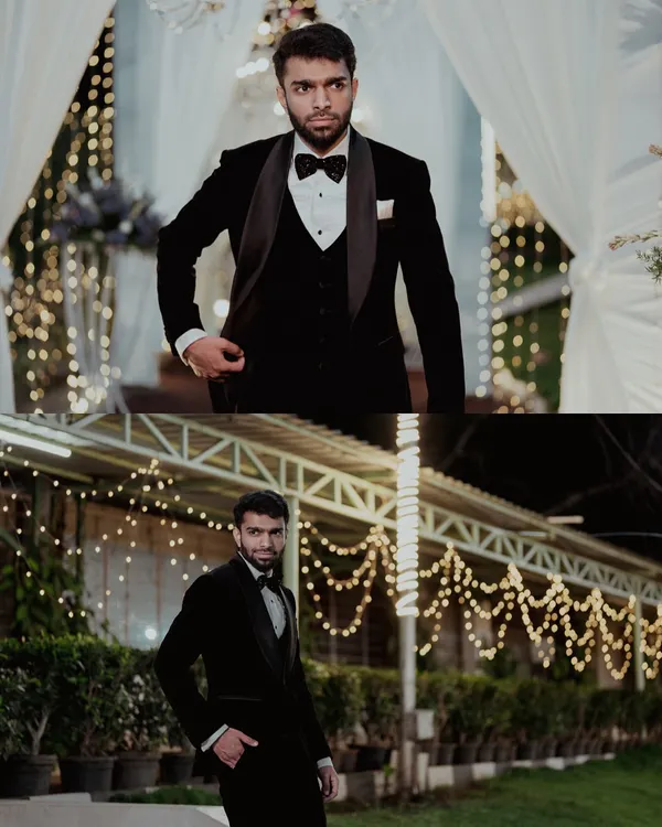 A collage of a groom looking sharp and dapper in a classic black tuxedo for his wedding reception.
