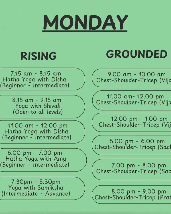 New year, new habits. Our versatile class schedule is designed to support your growth, wellness, and alignment. This is the schedule for Monday.