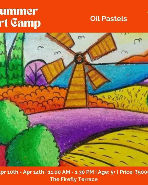 Our summer art camps are here! This poster highlights our oil pastels session, where kids learn to blend and layer bright colors to create stunning landscapes. It's just one of the many mediums we'll explore.