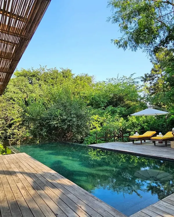 Our infinity pool, surrounded by a wooden deck and lush forest, is the ultimate escape. The view from the deck captures the serene beauty and privacy of our location.