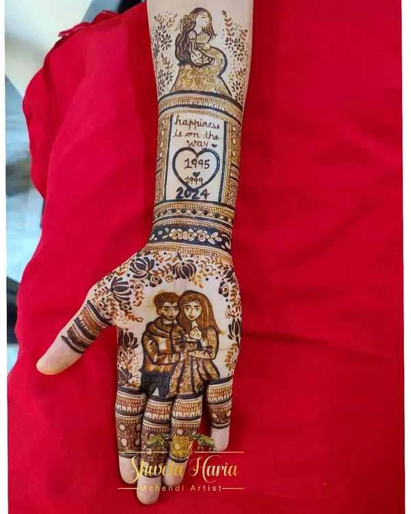 I specialize in creating custom portrait mehendi to celebrate your journey into parenthood. This design for a baby shower features a portrait of the happy couple holding their newborn, with the phrase 'happiness is on the way' to mark this beautiful new chapter.