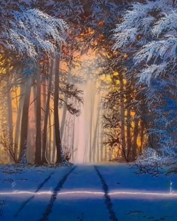 This enchanting winter landscape captures the magical glow of sunlight filtering through snow-covered trees. It's a perfect example of a large landscape painting that can bring a sense of wonder and tranquility to your living room.