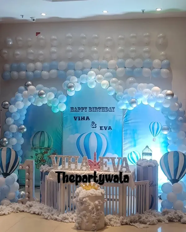 An adventurous Hot Air Balloon theme with a blue and white color scheme, perfect for a little explorer.