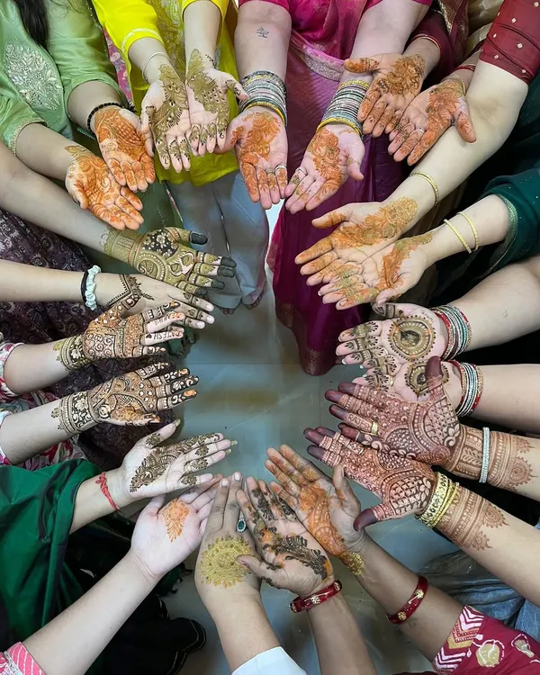 A beautiful circle of hands showing the different mehendi designs for the bride's team. I love creating a unique yet cohesive look for the entire wedding squad.