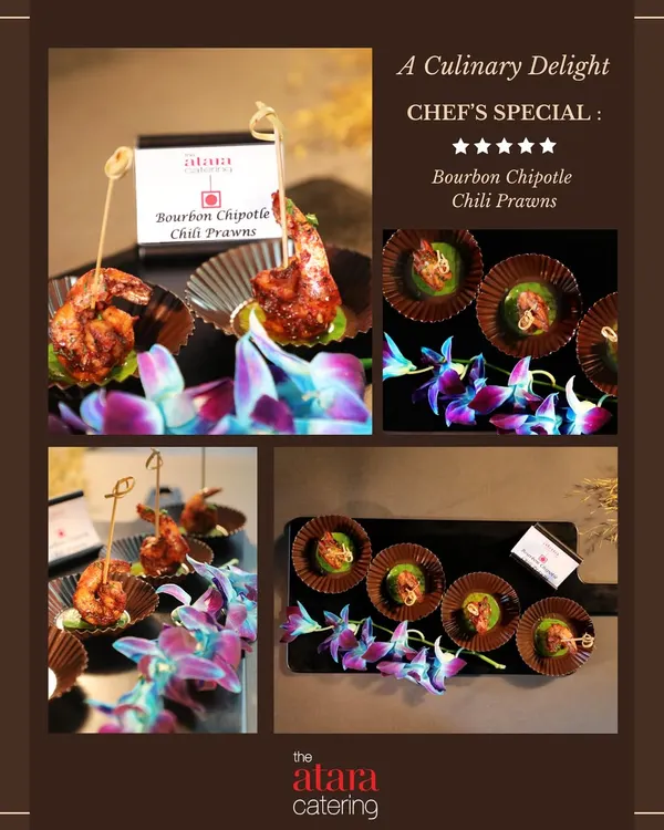 A collage of our Chef's Special: Bourbon Chipotle Chili Prawns. This appetizer is a perfect blend of smoky, spicy, and juicy flavours, elegantly presented for any event.