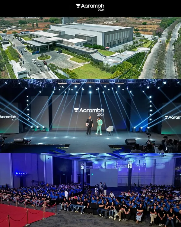 A showcase of my work for the Unacademy Aarambh 2024 corporate summit at JW Marriott Prestige Golfshire. The collage features a sweeping daytime aerial view of the resort venue alongside shots of the professionally lit indoor stage and engaged audience.