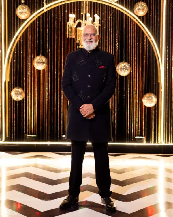 A tailored navy bandhgala with tonal embroidery, crafted for a client. This piece demonstrates how I create refined, age-appropriate, and resolutely custom couture for any formal occasion.