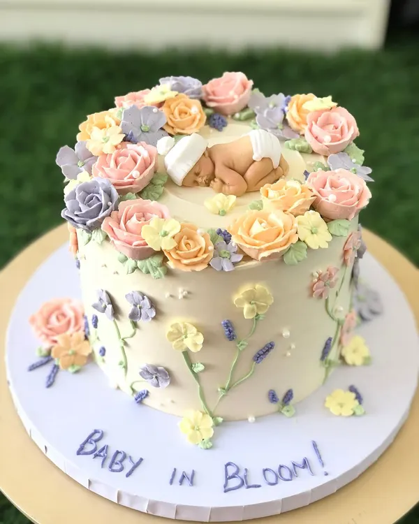"Baby in Bloom!" This is one of my all-time favorite baby shower cakes, with a sleeping baby nestled in a garden of hand-piped buttercream flowers.