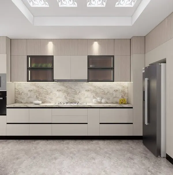 This 3D visualization showcases a spacious straight-line kitchen with a minimalist aesthetic. The light wood and beige tones, combined with a marble backsplash and integrated appliances, create a serene and sophisticated look. The coffered ceiling adds an element of architectural interest.