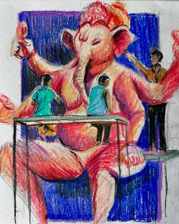 A coloured pencil sketch capturing the creation of a massive Ganpati idol. This piece highlights the artists at work, adding the finishing touches to Bappa before the festival begins.