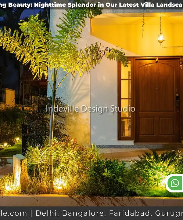 A beautifully illuminated villa entrance at night. I used a combination of uplights and path lights to highlight the palm trees, walkways, and architectural features, creating a warm and welcoming ambiance.