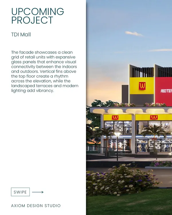 For the upcoming TDI Mall, we designed a facade with a clean grid of retail units and expansive glass panels. This enhances visual connectivity, while vertical fins and landscaped terraces add rhythm and vibrancy.