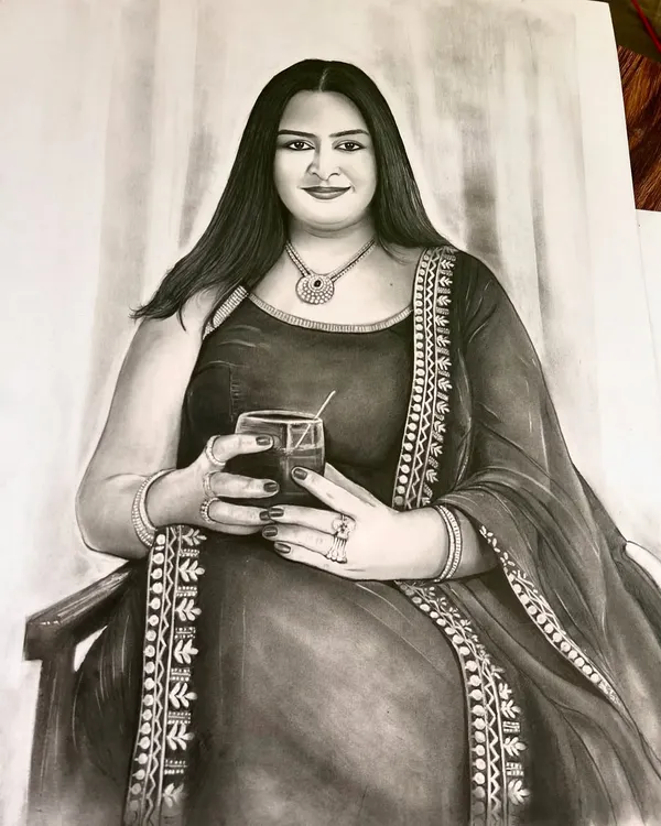 A full-figure portrait sketch, showcasing detailed work on fabric, jewelry, and expression to create a truly lifelike piece.