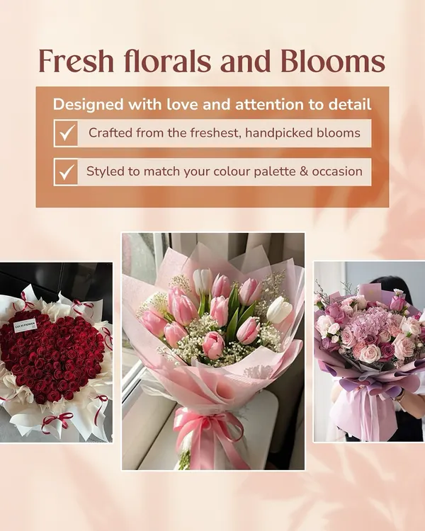 A look at some of our fresh floral arrangements. This collage showcases a heart shaped bouquet of red roses, a delicate bunch of pink and white tulips, and a lush bouquet of mixed purple and pink flowers.