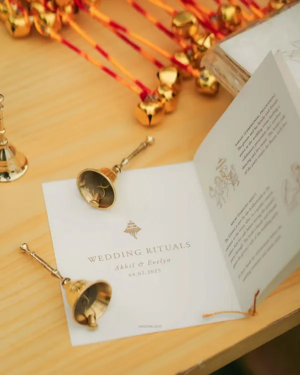 An intimate guide to a lifetime of togetherness. We created these beautiful booklets explaining the wedding rituals, complete with small bells for guests to ring, making the ceremony interactive and meaningful for everyone.