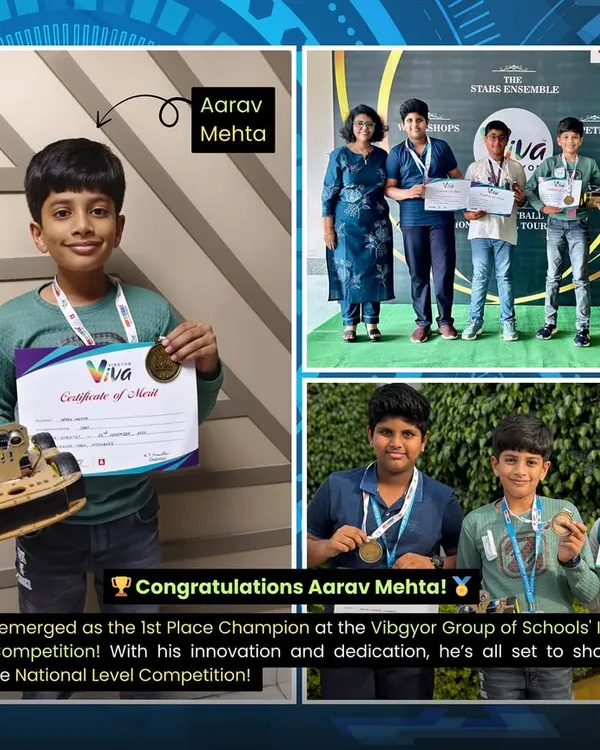 We celebrate Aarav Mehta's 1st place victory at the Vibgyor Group of Schools’ Intraschool Robotics Competition. His success is a testament to the practical, competition-focused training we provide.