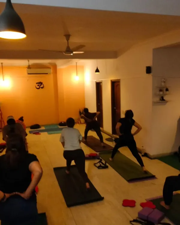 A typical Hatha yoga group session where we focus on holding poses to build strength and awareness. You can see students in Virabhadrasana, or Warrior Pose, working on their alignment.