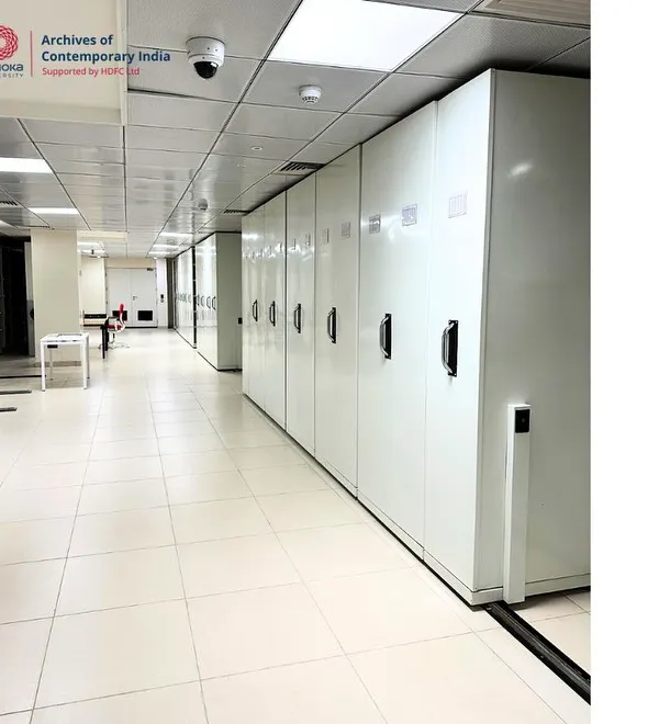The state-of-the-art mobile shelving units at the Archives of Contemporary India (ACI) at Ashoka University. These systems ensure the long-term preservation of historical documents in a controlled and secure environment, which is fundamental to the work of historians.