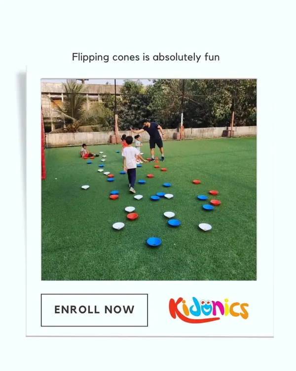 Flipping cones is one of our favorite games! It’s a fast-paced race that gets everyone moving and laughing. This simple game is great for developing speed and agility as kids run back and forth to flip the markers to their team's color.