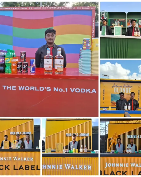 This collage showcases our versatile brand activation work with Johnnie Walker and other leading vodka brands. We create distinct, eye catching bar setups tailored to each brand's identity and campaign goals.